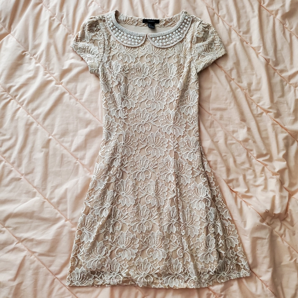 Forever 21 Lace Beaded Pearl Peter Pan Collar Mini Bodycon Dress Beige Cream Tan
